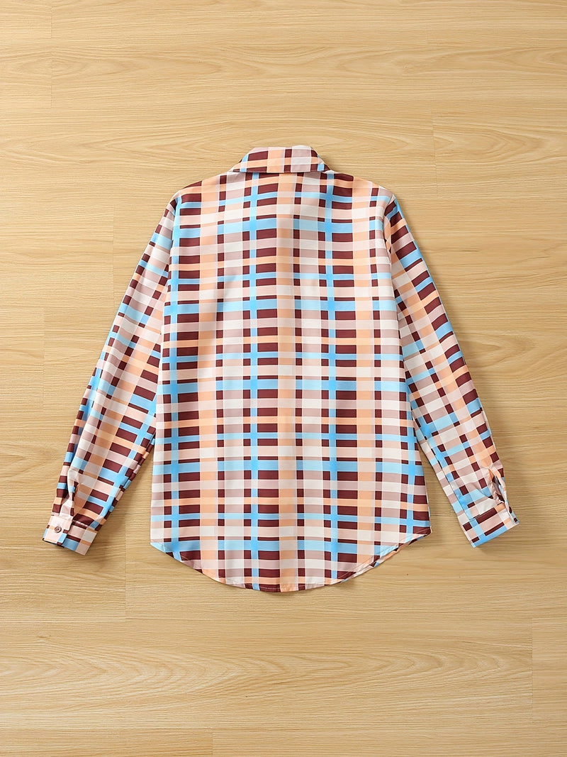 Colorful Plaid Print Shirt, Casual Long Sleeve Button Front Shirt With A Collar, Women's Clothing