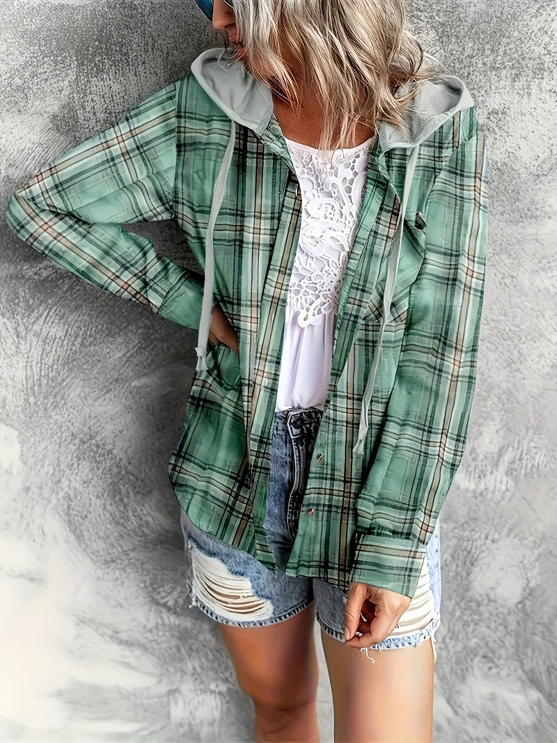 Hooded Plaid Print Blouse, Casual Button Front Drawstring Long Sleeve Blouse, Women's Clothing