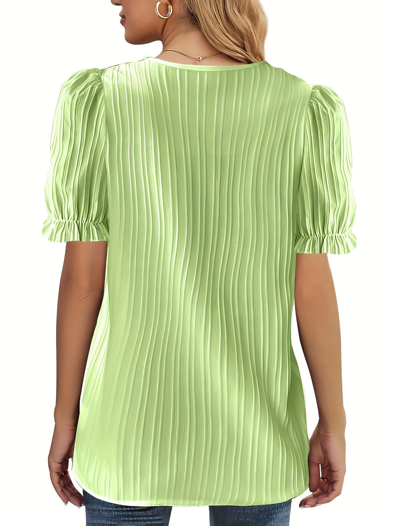 Lace Trim Solid Blouse, Elegant V-neck Short Sleeve Blouse, Women's Clothing