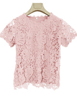 Lace Crew Neck T-Shirt, Elegant Short Sleeve T-Shirt For Spring & Summer, Women's Clothing