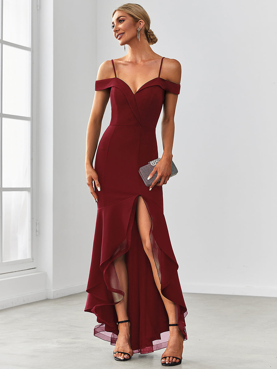 Fishtail Evening Gown with Sultry Deep V Neck and Spaghetti Straps