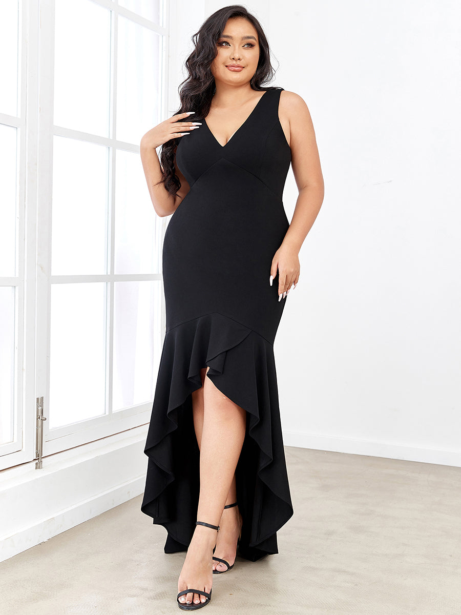 Elegant Deep V-Neck Fishtail Plus Size Evening Gown