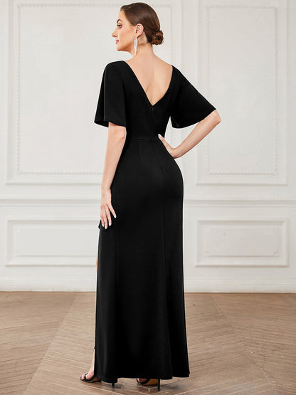 Sexy Deep V-Neck Fishtail Evening Dress with Thigh-High Split