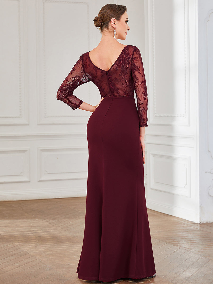 Elegant Sheer Sleeve Deep V-Neck A-Line Evening Gown