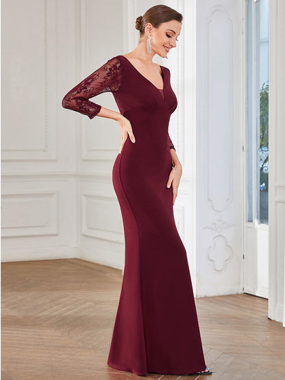 Elegant Sheer Sleeve Deep V-Neck A-Line Evening Gown