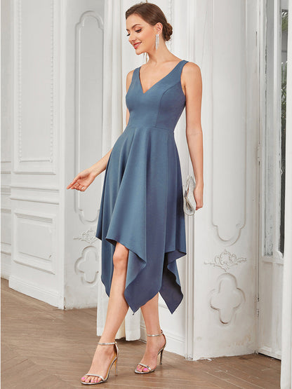 Deep V Neck Sleeveless Wholesale Evening Dresses with Asymmetrical Hem