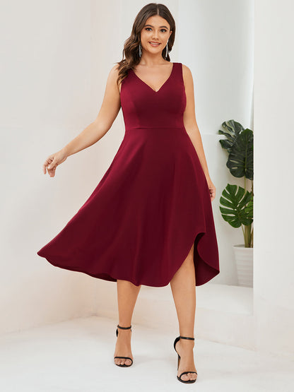 Elegant V-Neck Sleeveless Plus Size Evening Dress with Asymmetrical Hem