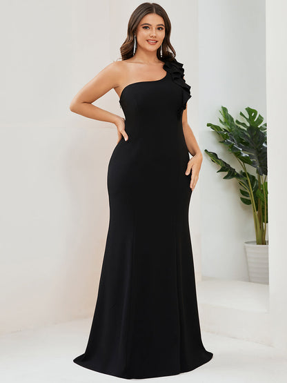 Elegant One Shoulder Plus Size Evening Gown with Floor Length A-Line Design