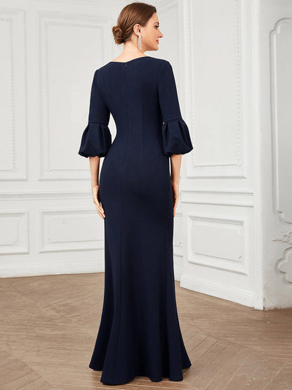 Elegant Fishtail Deep V Neck Half Puff Sleeves Evening Gown