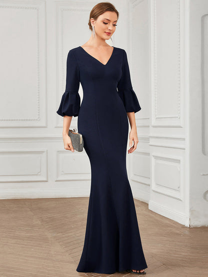 Sexy Fishtail Deep V Neck Puff Sleeves Wholesale Evening Dresses