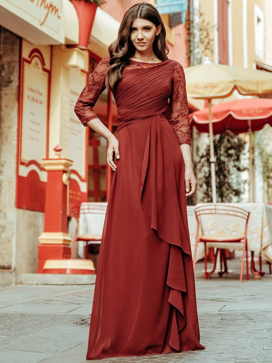 Formal Evening Gown with Concealed Zipper and Half Sleeves