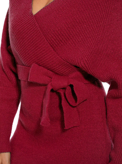 V Neck Bodycon Mini Sweater Dress With Belt