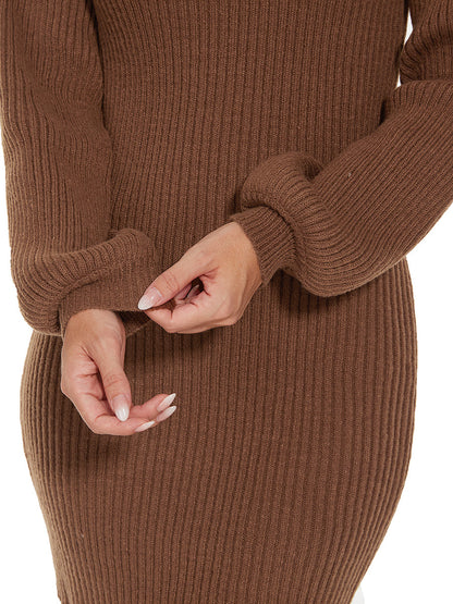 Round Neck Long Sleeve Mini Bodycon Sweater Dress
