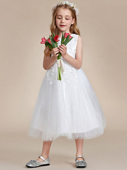 Pretty Lace and Tulle Flower Girl Dress with Flower Appliques