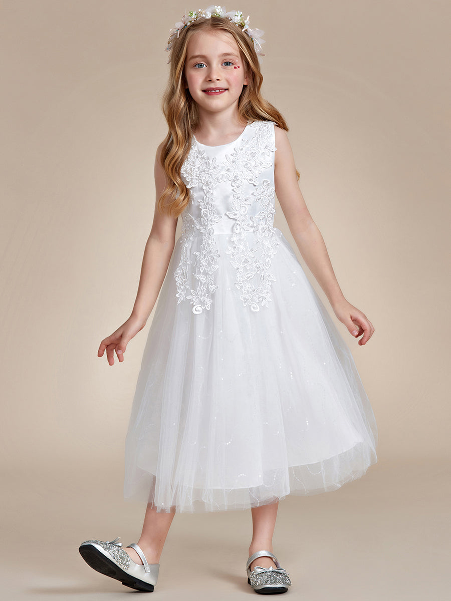 Pretty Lace and Tulle Flower Girl Dress with Flower Appliques