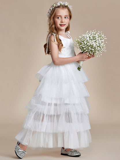 Multi-Layered Tulle Princess Flower Girl Dress with Spaghetti Straps
