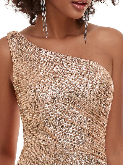 Sexy One Shoulder Wholesale Sequin Evening Dress with Side Split