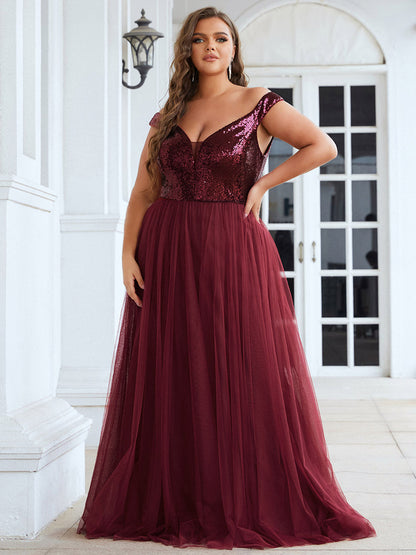 Plus Size Wholesale High Waist Tulle & Sequin Sleeveless Evening Dress EE00277