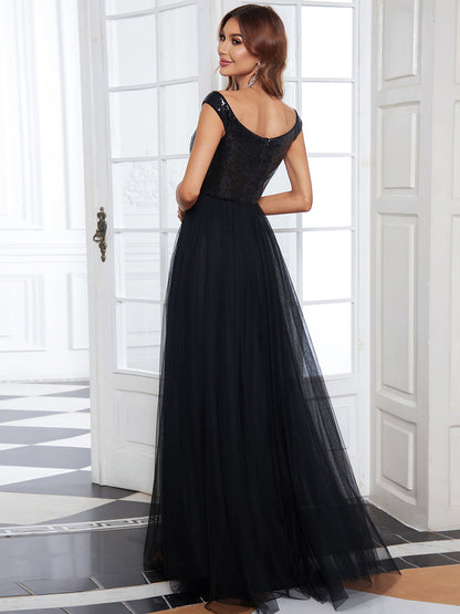 Elegant V Neck Sequin & Tulle Evening Gown with High Waist