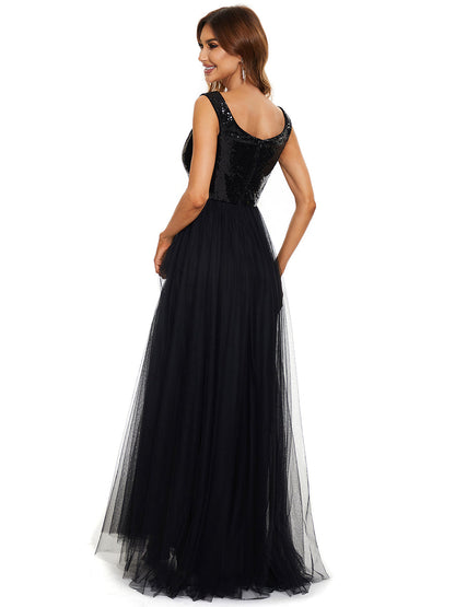 Elegant V Neck Sequin & Tulle Evening Gown with High Waist