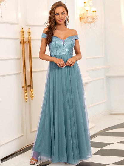 Elegant V Neck Sequin & Tulle Evening Gown with High Waist