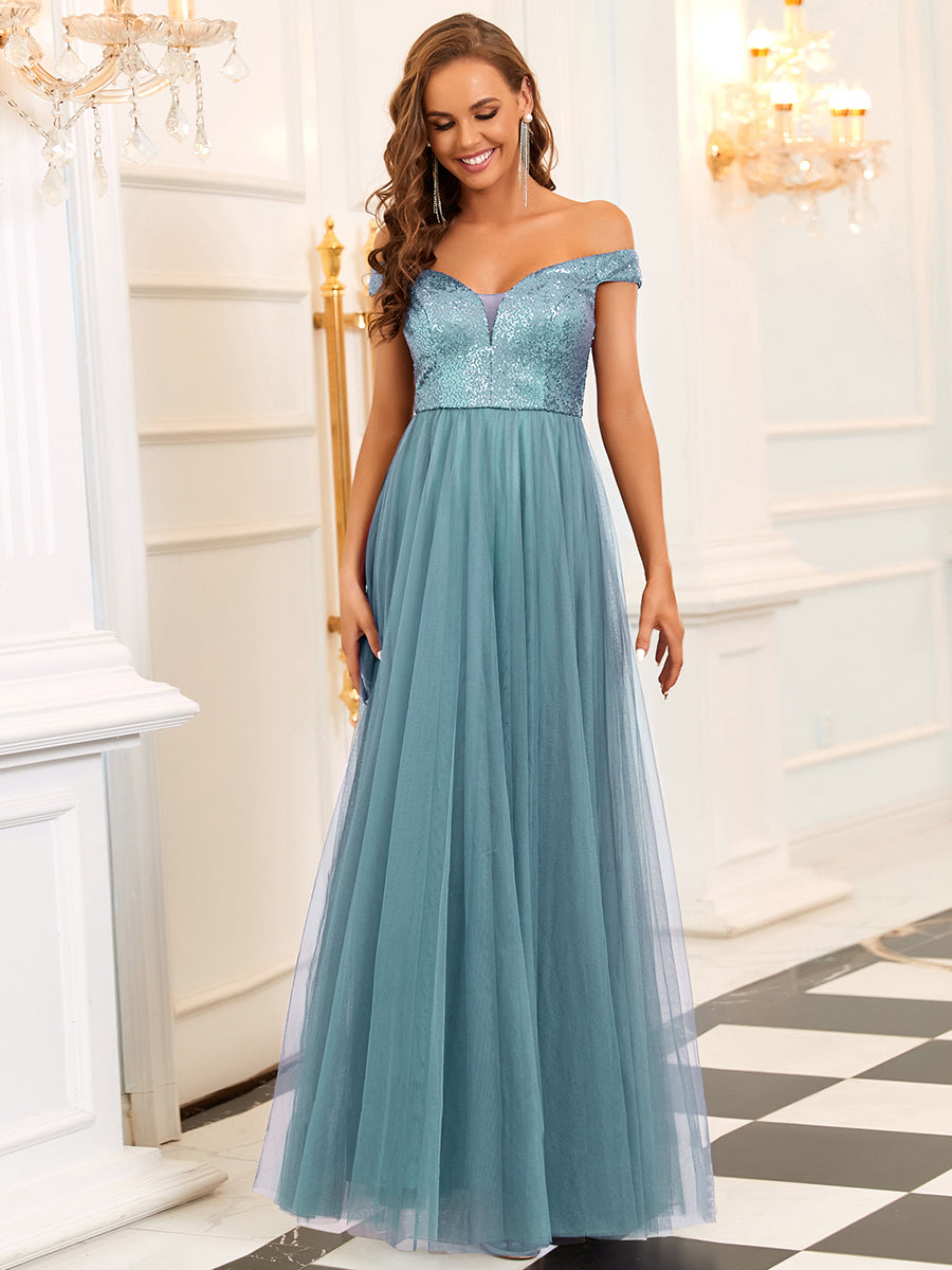 Elegant V Neck Sequin & Tulle Evening Gown with High Waist