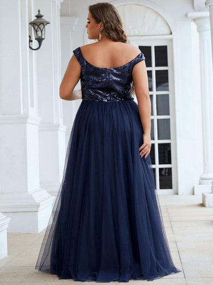 Plus Size Wholesale High Waist Tulle & Sequin Sleeveless Evening Dress EE00277