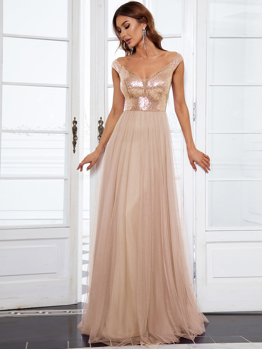 Wholesale Off Shoulder Tulle & Sequin Sleeveless Evening Dress