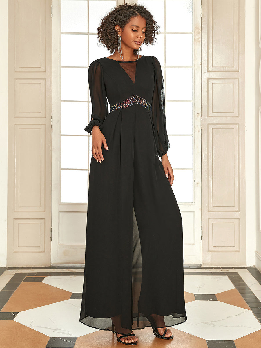 Adorable Beaded Round Neck Jumpsuit with Long Sleeves