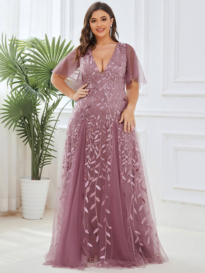 Plus Size Deep V Neck Wholesale Sequin Evening Gown With Short Sleeves