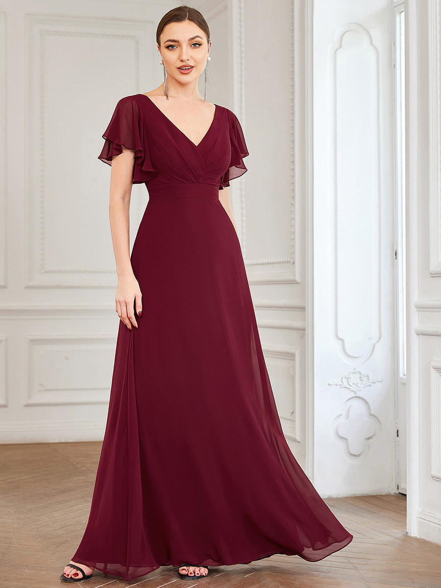 Elegant Floor-Length Bridesmaid Gown with Ruffled Sleeves and Deep V-Neck