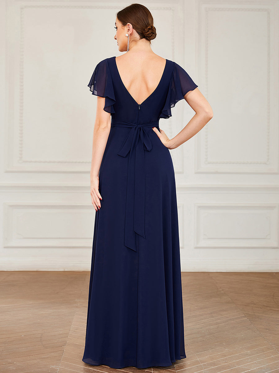 Elegant Floor-Length Bridesmaid Gown with Ruffled Sleeves and Deep V-Neck