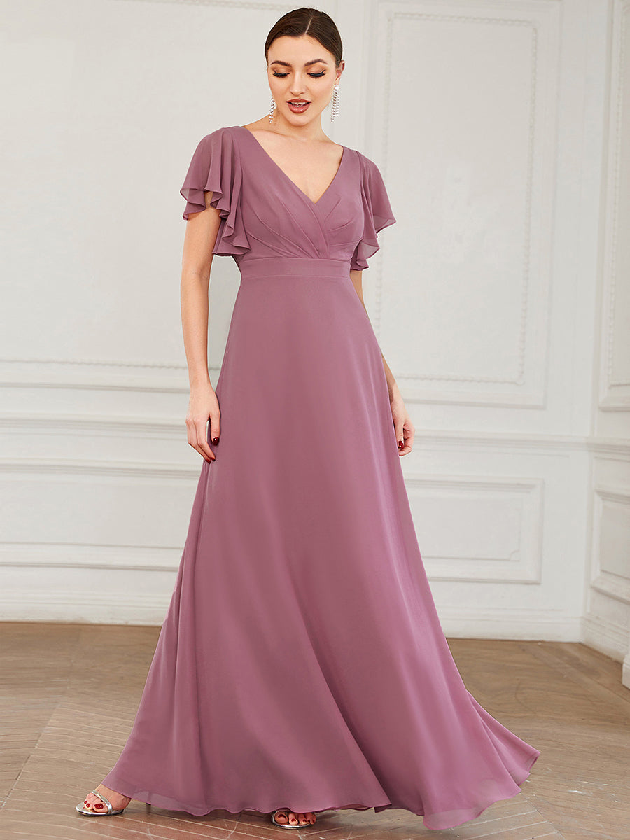 Elegant Floor-Length Bridesmaid Gown with Ruffled Sleeves and Deep V-Neck