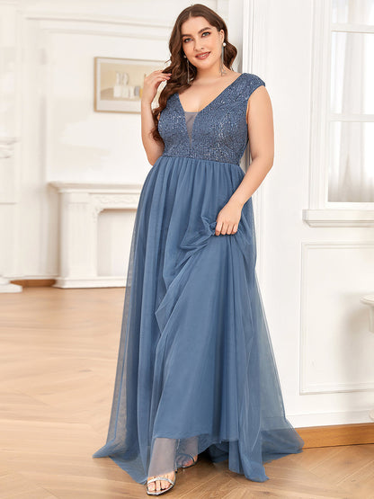 Plus Size Glamorous Sleeveless A Line Wholesale Evening Dresses with Deep V Neck