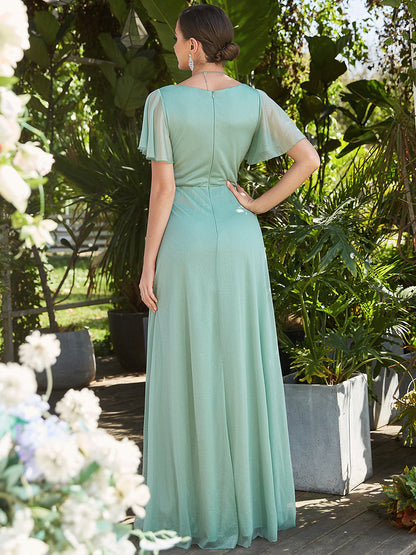 Wholesale Bridesmaid Dresses with V Neck and Short Ruffles Sleeves