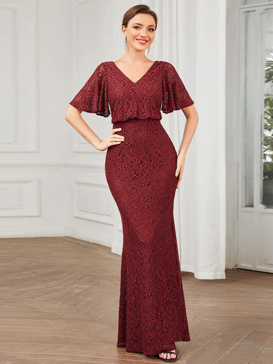 Short Ruffles Sleeves A Line Wholesale Evening Dresses with V Neck