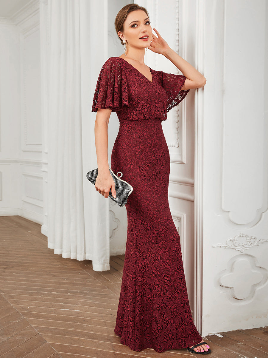 Short Ruffles Sleeves A Line Wholesale Evening Dresses with V Neck