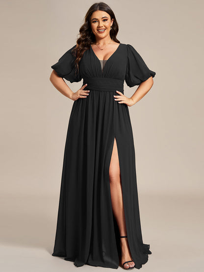 Elegant Deep V-Neck A-Line Bridesmaid Dress with Puff Sleeves