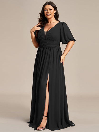 Elegant Deep V-Neck A-Line Bridesmaid Dress with Puff Sleeves