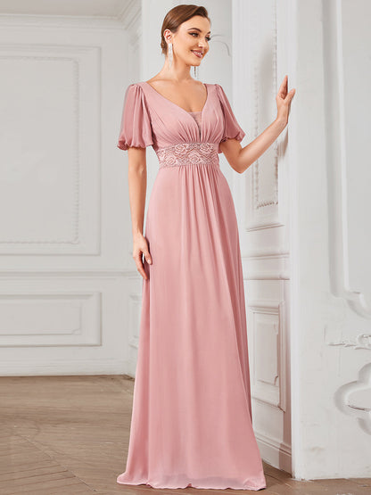 V Neck A Line Wholesale Bridesmaid Dresses with Short Ruffles Sleeves