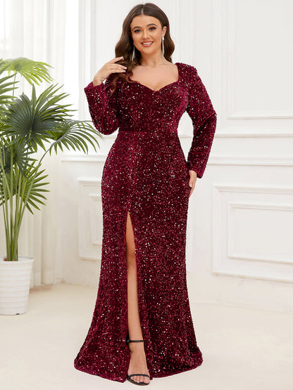 Shimmering Plus Size Fishtail Evening Gown with Sweetheart Neckline