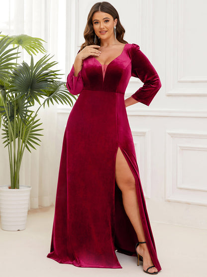 Shimmering Plus Size A-Line Evening Gown with Deep V-Neck and Long Sleeves