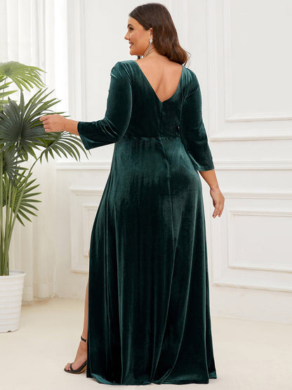 Shimmering Plus Size A-Line Evening Gown with Deep V-Neck and Long Sleeves