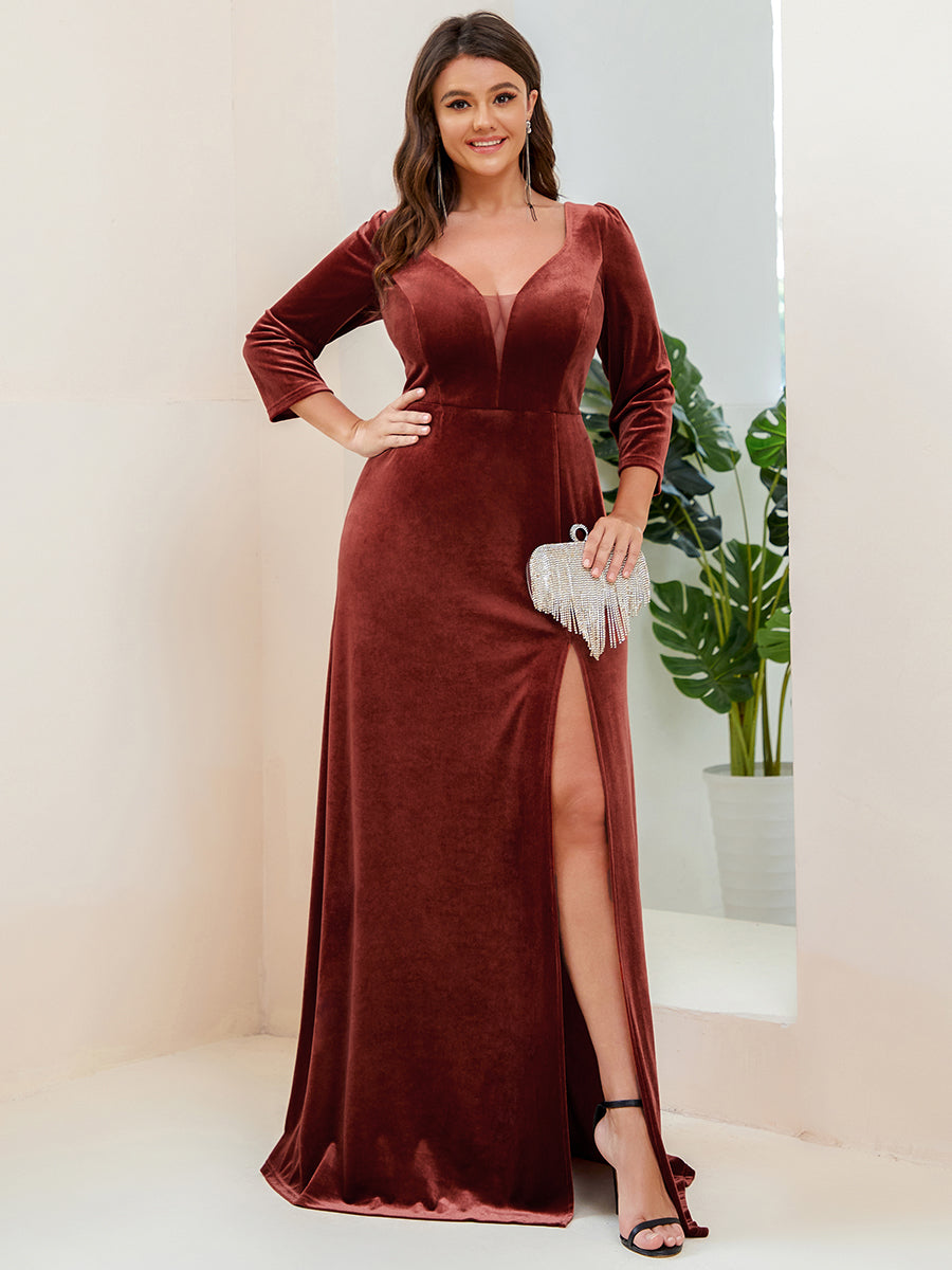 Shimmering Plus Size A-Line Evening Gown with Deep V-Neck and Long Sleeves