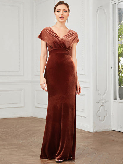 Deep V Neck A Line Wholesale Evening Dresses with Short Sleeves