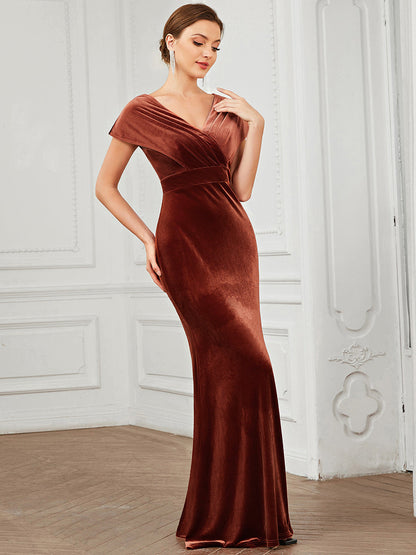 Deep V Neck A Line Wholesale Evening Dresses with Short Sleeves