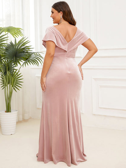 Plus Deep V Neck A Line Wholesale Evening Dresses with Short Sleeves