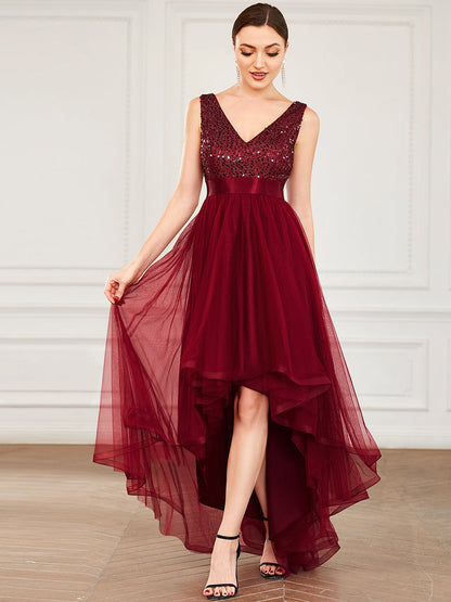 Elegant Evening Gowns with Deep V Neck and Sparkling Detail