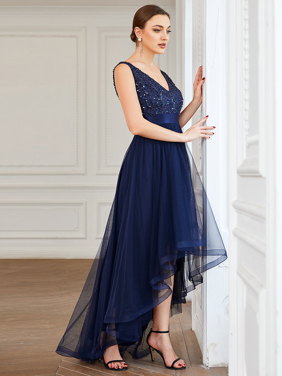 Elegant Evening Gowns with Deep V Neck and Sparkling Detail