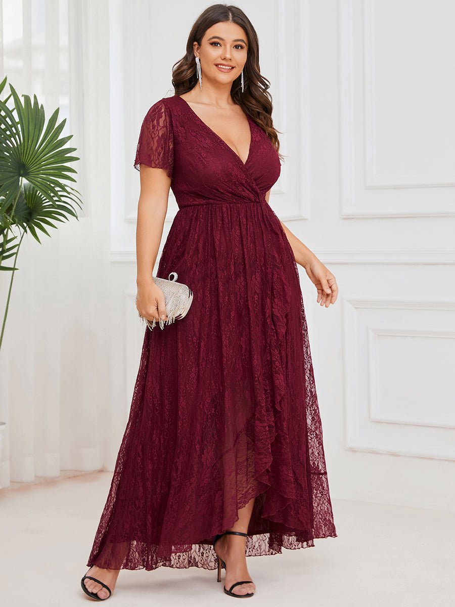 Wow Factor Deep V Neck Sheer Sleeve A-Line Evening Gown